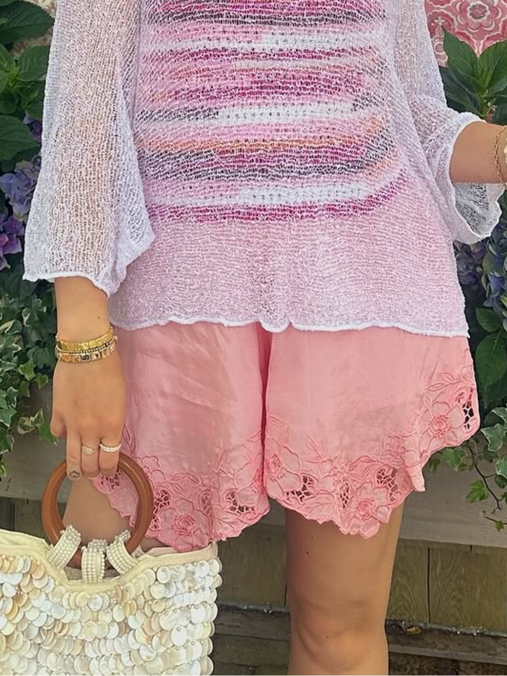 Free People Pink Eyelet Hem Linen-Blend Bermuda Shorts